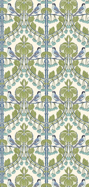GP&J Baker - Brantwood Birds & Cherries Green Blue BW45100-2