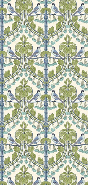 GP&J Baker - Brantwood Birds & Cherries Green Blue BW45100-2