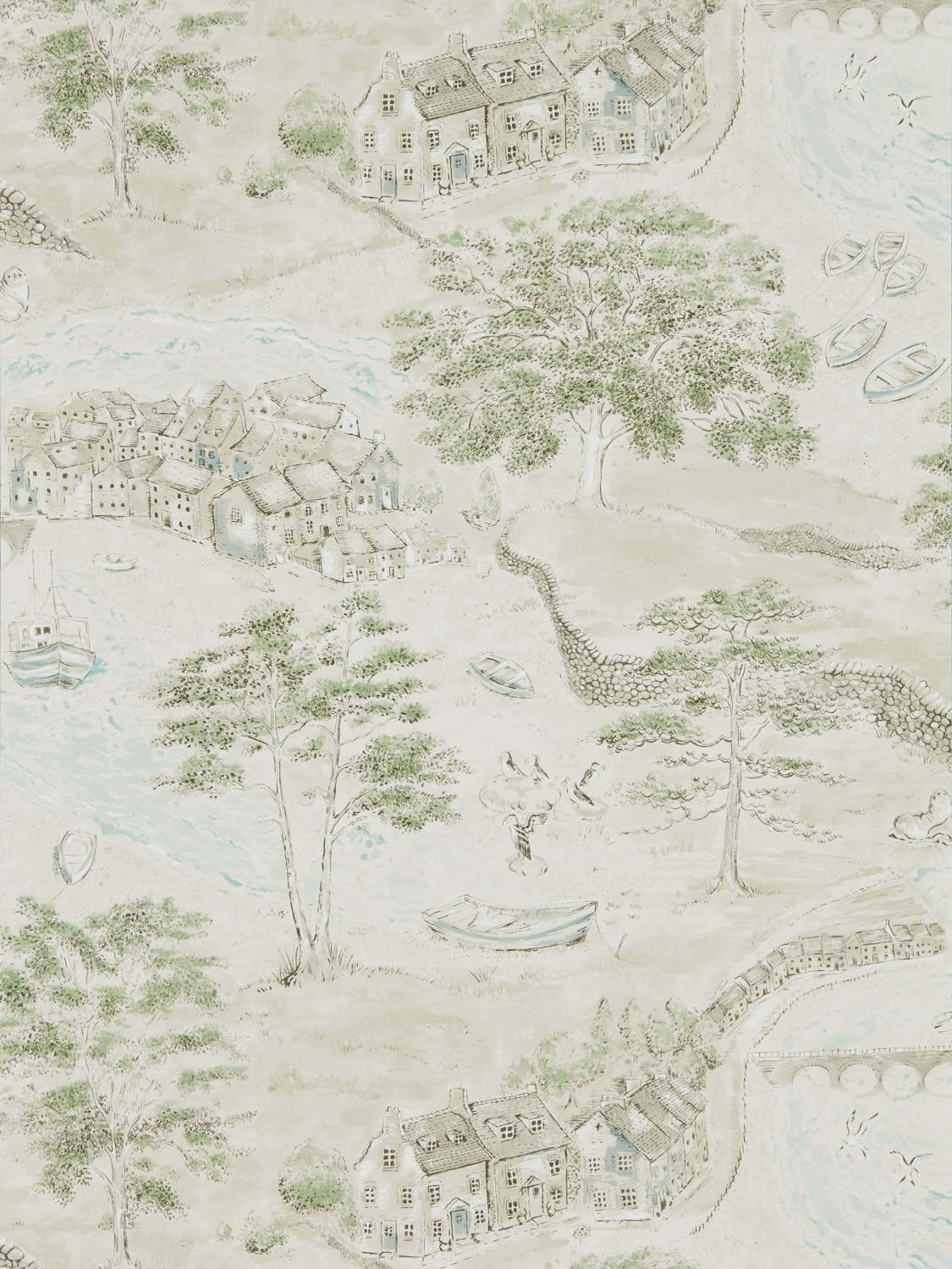 Sanderson - Sea Houses Green/Sand Embleton Bay Wallpapers