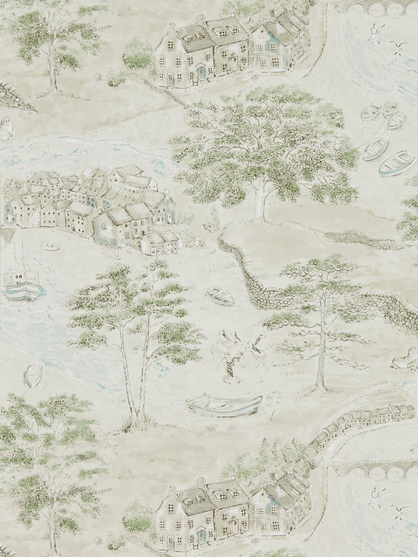 Sanderson - Sea Houses Green/Sand Embleton Bay Wallpapers