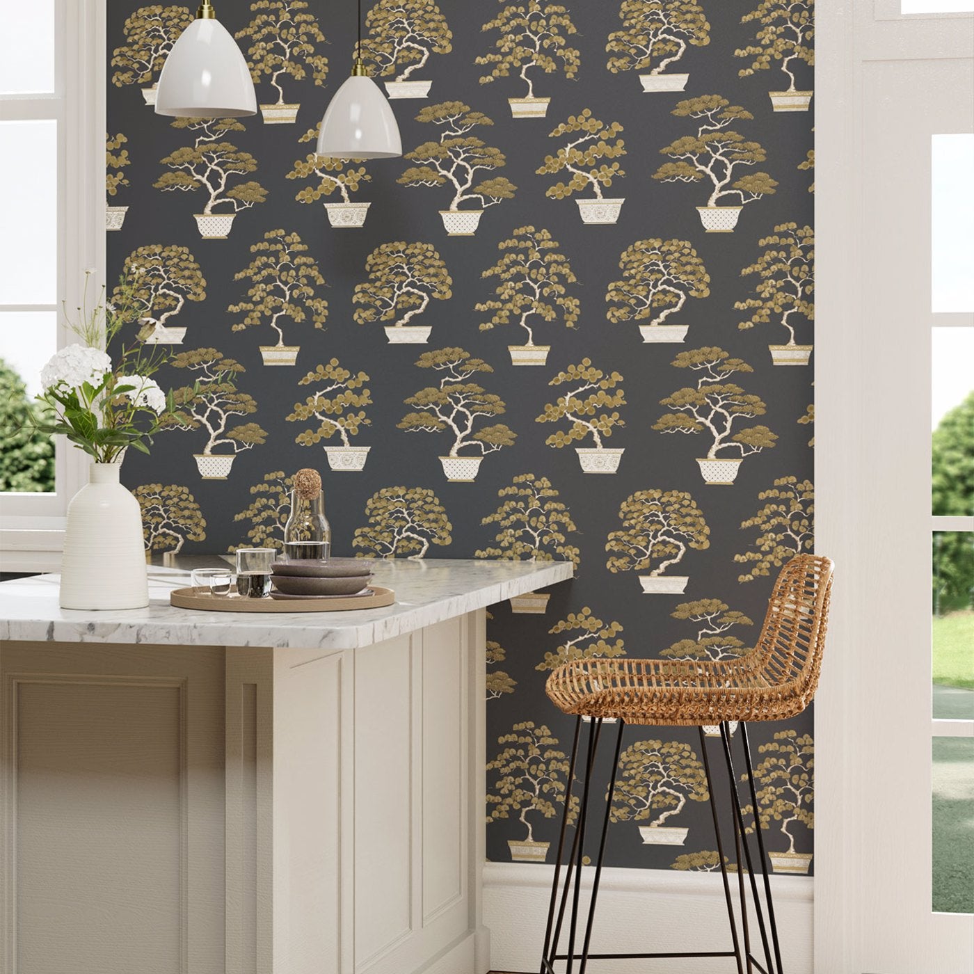 Sanderson - Penjing Ink Black/Gold Water Garden Wallpapers