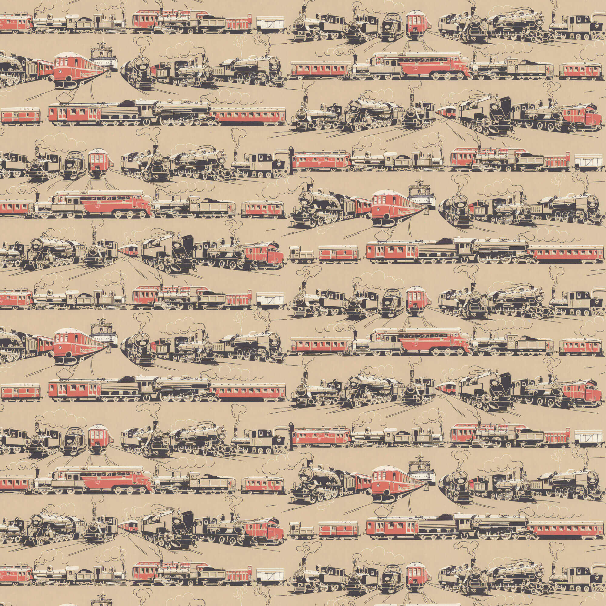 Lim & Handtryck - Tågtapeten - Mörk torv/röd K41-13