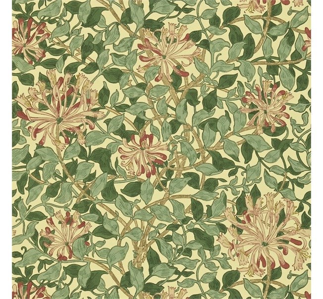 Morris & Co - Honeysuckle Green/Coral/P Morris and Friends Wallpa